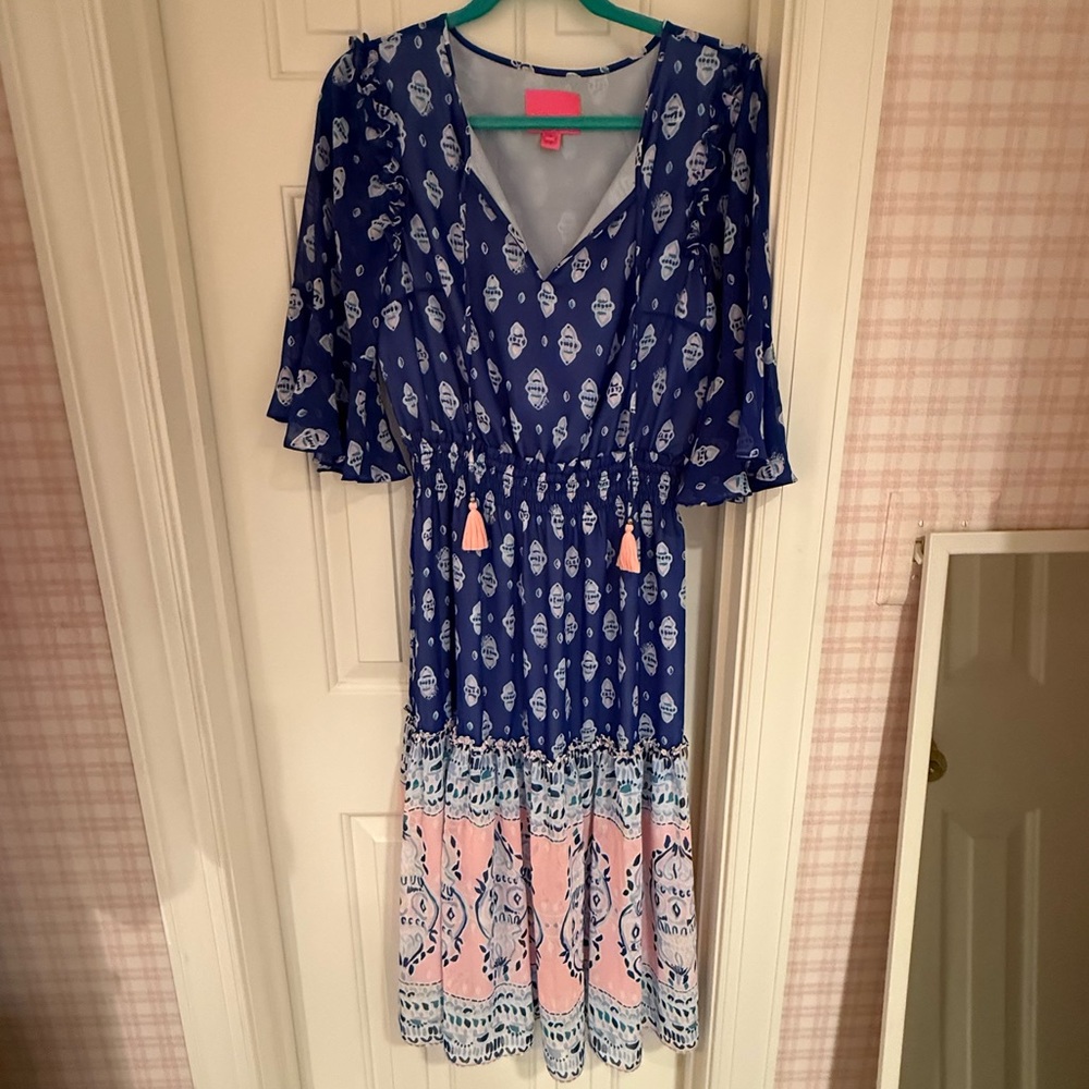 Lilly Pulitzer Pink/Purple Midi Dress, Butterfly Sleeves, and Tassels Size 8